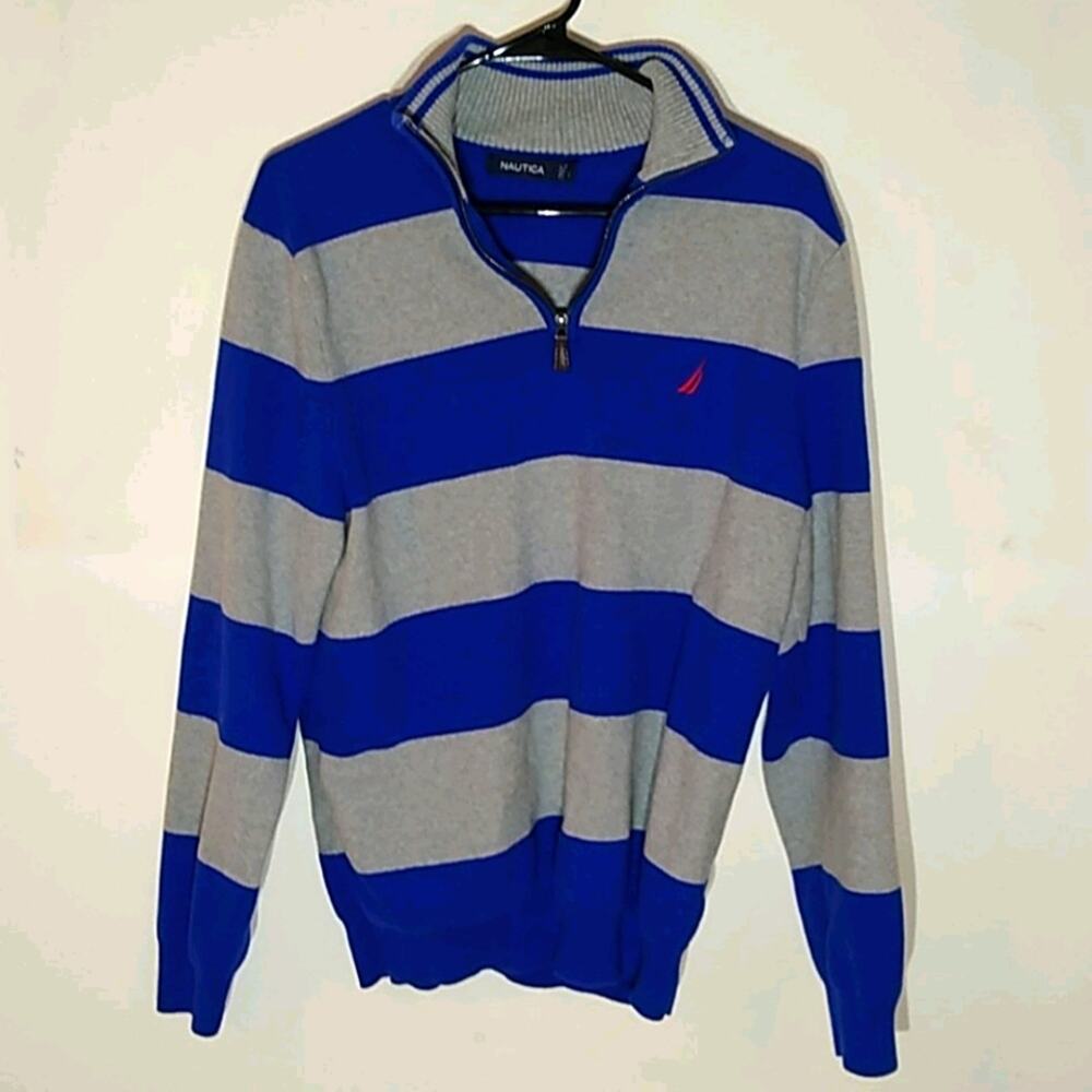 Nautica Men's Large Gray Blue Striped sweater. Coastal Vintage Preppy
